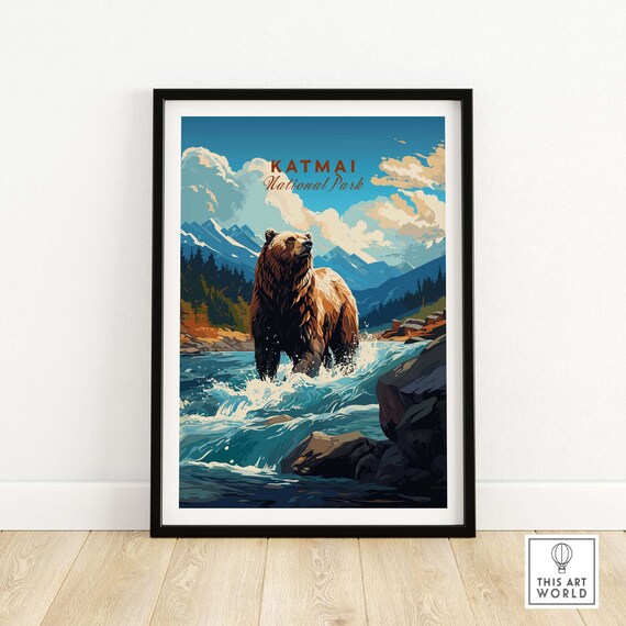 Katmai National Park Brown Bear Wild River Rapids Scene Poster