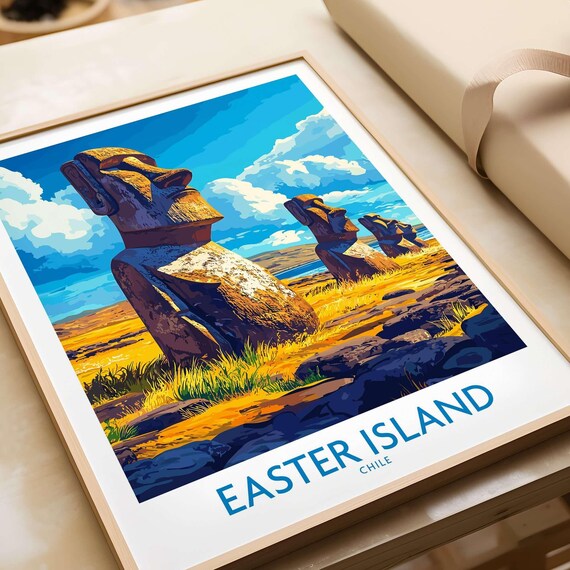 Easter Island Chile Moai Statues Golden Grassland Travel Poster