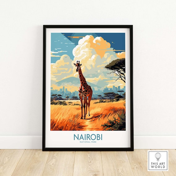 Nairobi National Park Giraffe Savanna Skyline Vintage Travel Poster