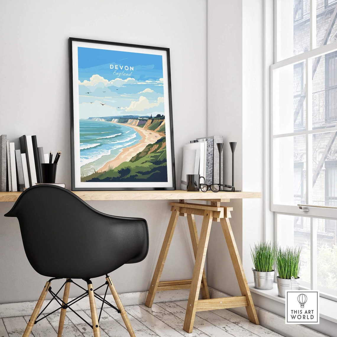 Devon England Golden Sandy Beach Coastal Cliff Waves Scenic Poster - Image 4