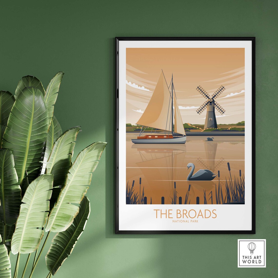The Broads National Park Windmill Sailboat Swan Lake Travel Poster - Image 2