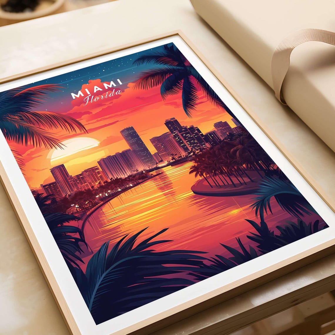Miami Florida Sunset Skyline Palm Trees Glowing River View Poster - Image 4