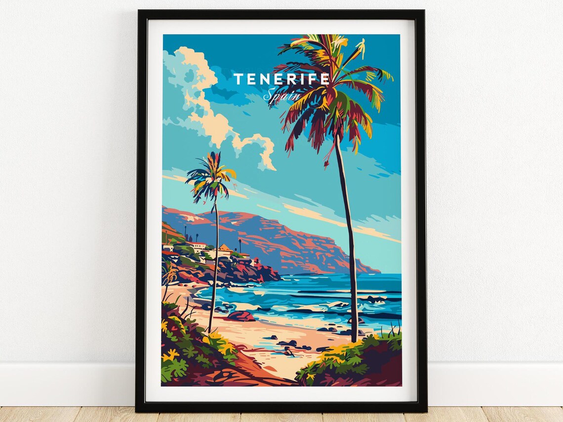 Tenerife Spain Palm Beach Coastal Cliffs Vintage Travel Poster