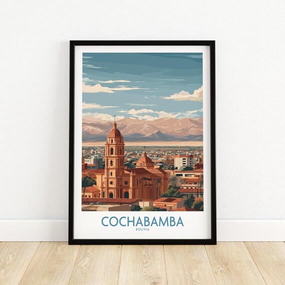 Cochabamba Bolivia Cathedral Cityscape Travel Poster with Andes