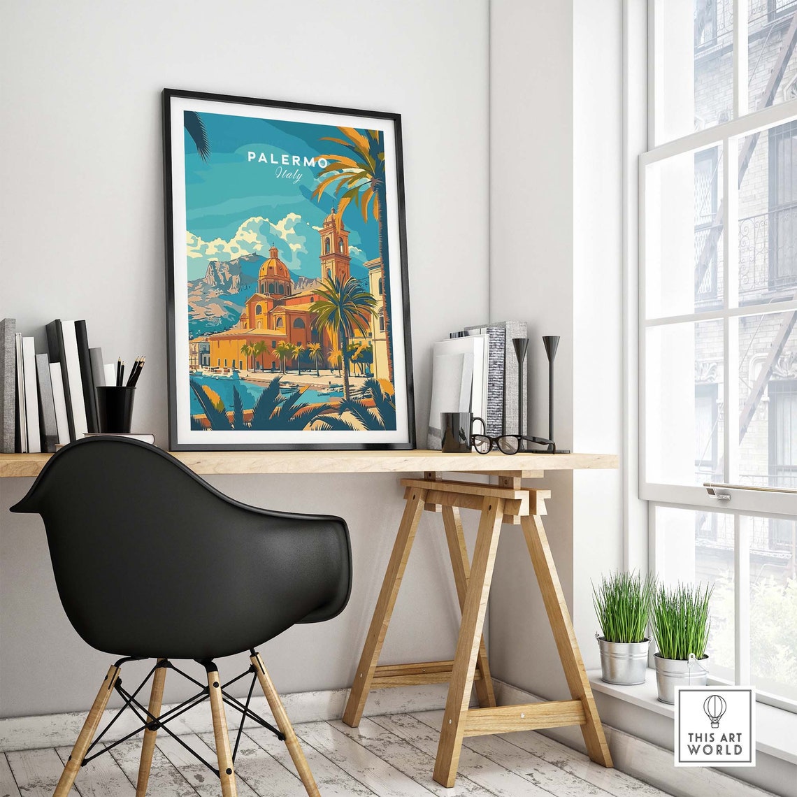 Palermo Sicily Cathedral Palm Trees Mountain Backdrop View Poster - Image 4