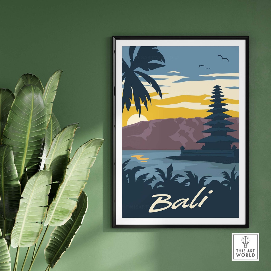 Bali Retro Sunset Lake Temple Silhouette Palm Fronds Travel Poster - Image 3