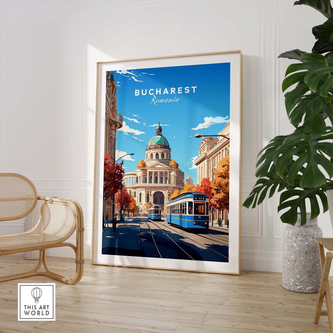 Bucharest Romania Blue Tram Grand Dome Landmark Street Poster - Image 3