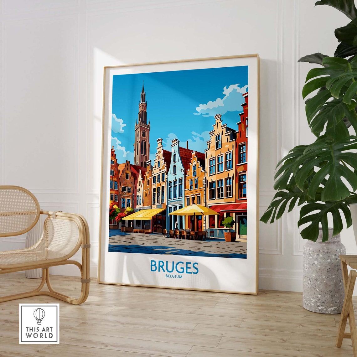 Bruges Belgium Medieval Market Square Belfry Cafe Scene Poster - Image 3