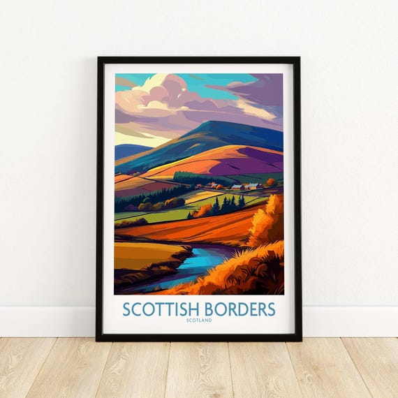 Scotland Autumn Valley Travel Poster Scottish Borders Landscape Print Wall Art Hills Gift Lovers Illustration Eildon