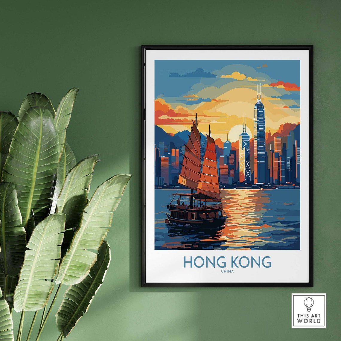 Hong Kong China Victoria Harbor Junk Boat Sunset Scenic Poster - Image 2