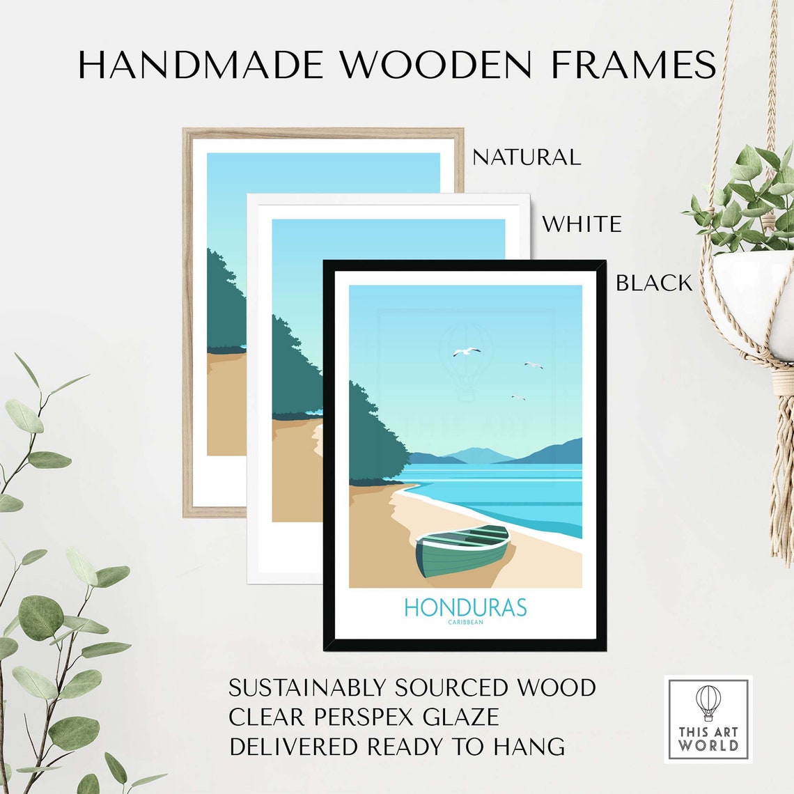 Honduras Caribbean Quiet Beach Wooden Rowboat Seagull Scene Poster - Image 2