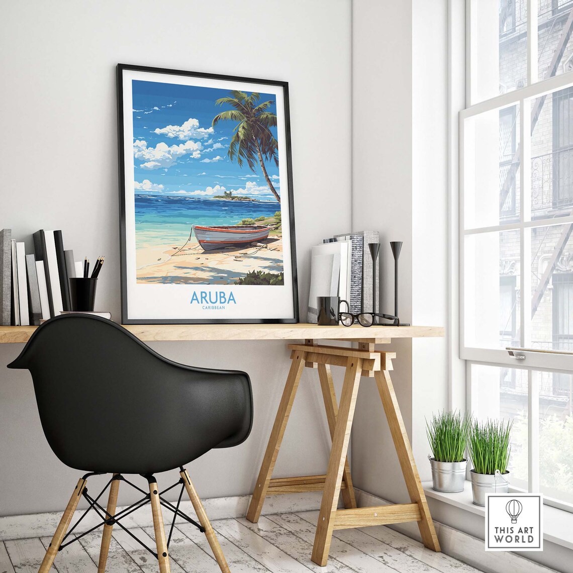 Aruba Caribbean Fishing Boat Beach Palm Illustration Travel Poster - Image 4