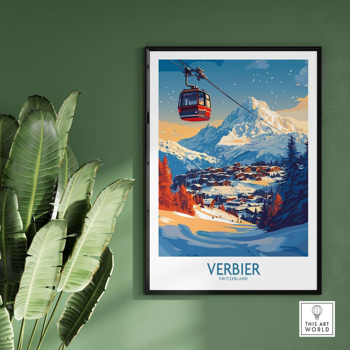 Verbier Switzerland Ski Resort Gondola Snow Peaks Travel Poster - Image 2
