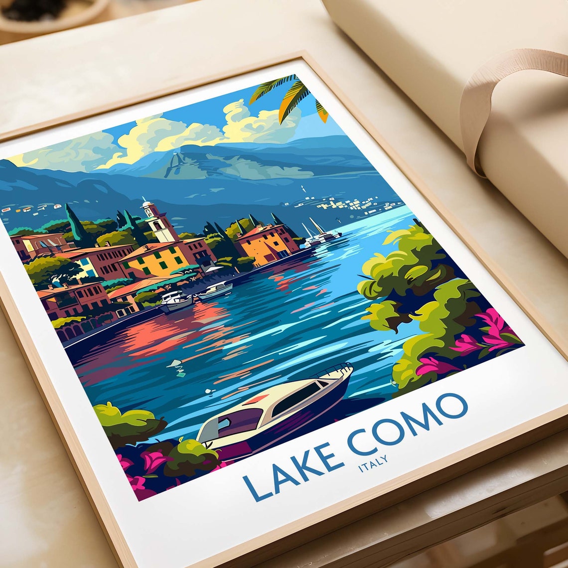 Lake Como Italy Boats Waterfront Village Mountains Sunset Poster