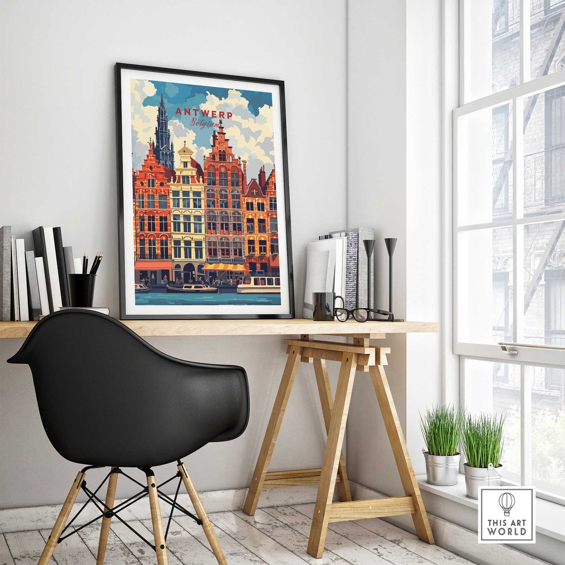 Antwerp Belgium Guild Houses Cathedral Spire Canal Travel Poster - Image 4