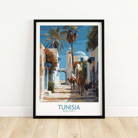 Tunisia Blue Street Poster with Camels and Whitewashed Arches