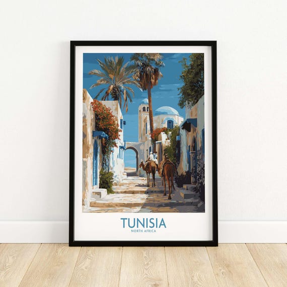 Tunisia Travel Poster North Africa Wall Art Camel Desert Scene Adventure Decor Unframed Print Gift For Travelers