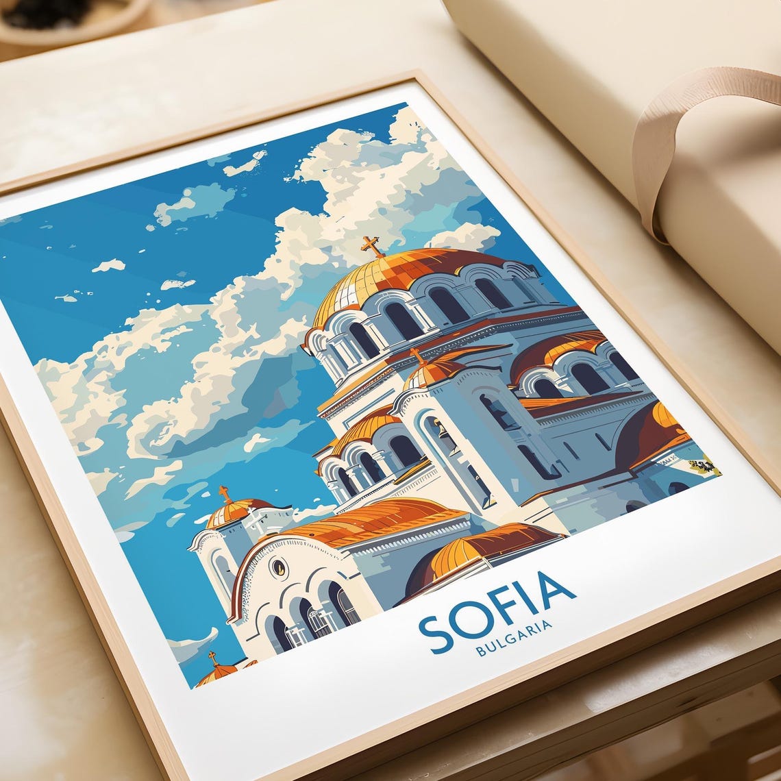 Sunny Sofia Bulgaria Golden Domed Cathedral Retro Skyline Poster