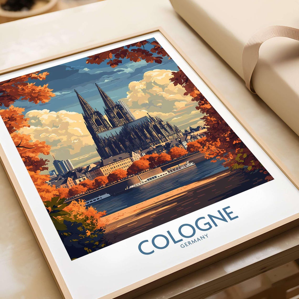 Cologne Germany Cathedral Rhine River Autumn Vintage Travel Poster