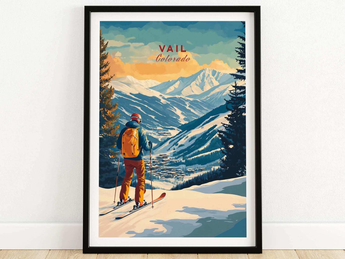 Vail Colorado Backpacker Skier Facing Valley Peaks Ski Travel Poster