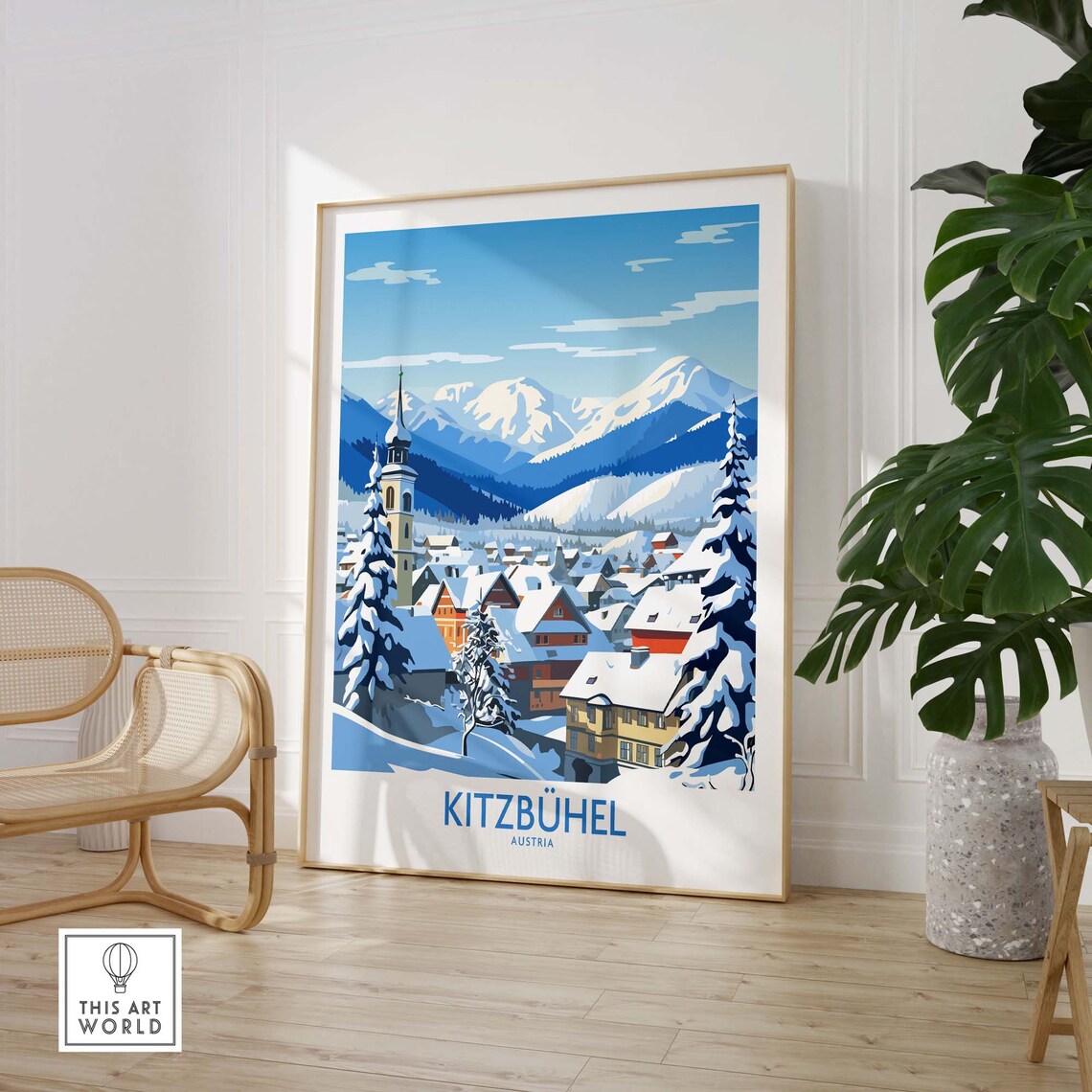 Retro Kitzbuhel Austria Snowy Village Church Winter Alps Poster - Image 3