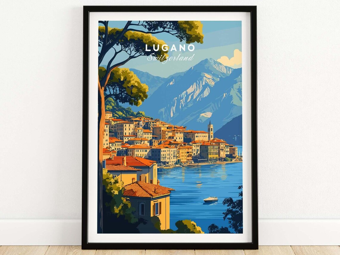 Lugano Switzerland Old Town Mountain Lake Waterfront View Poster