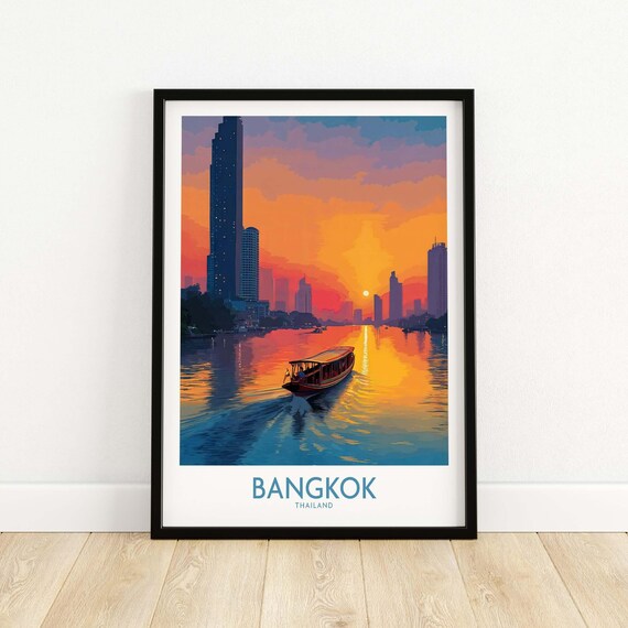 Bangkok Thailand Golden Sunset River Boat Ride Travel Decor Poster