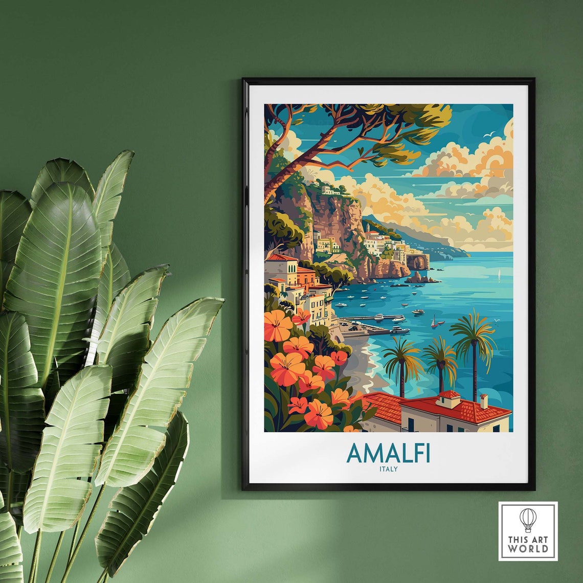 Amalfi Italy Coastal Cliffs and Palm Beach Vintage Travel Poster - Image 2