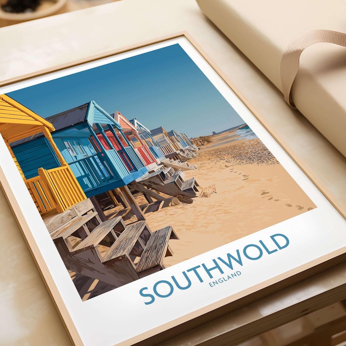 Southwold England Beach Hut Row Sandy Shore Vintage Travel Poster