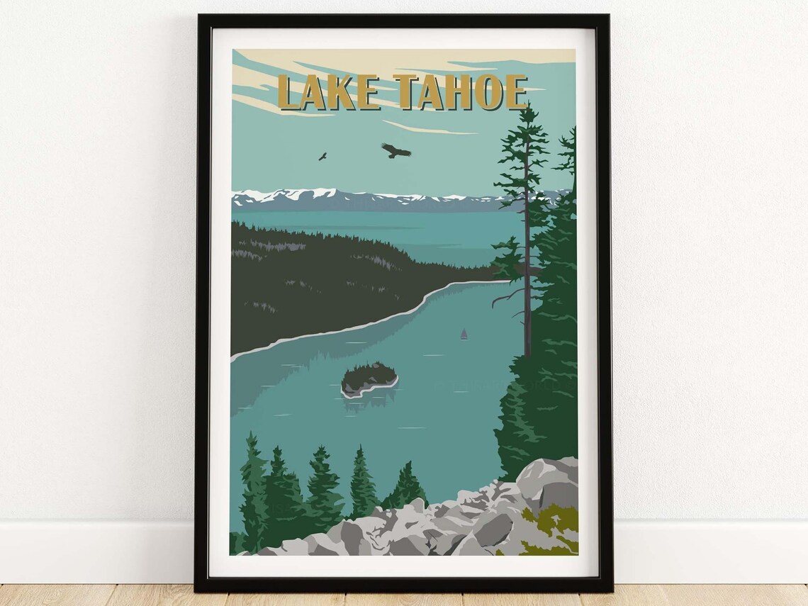 Lake Tahoe Vintage Island Lake Pines Retro Travel Art Poster