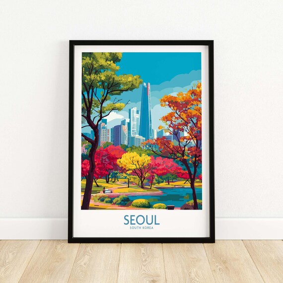 Seoul South Korea Autumn City Park Skyline Tower View Art Poster