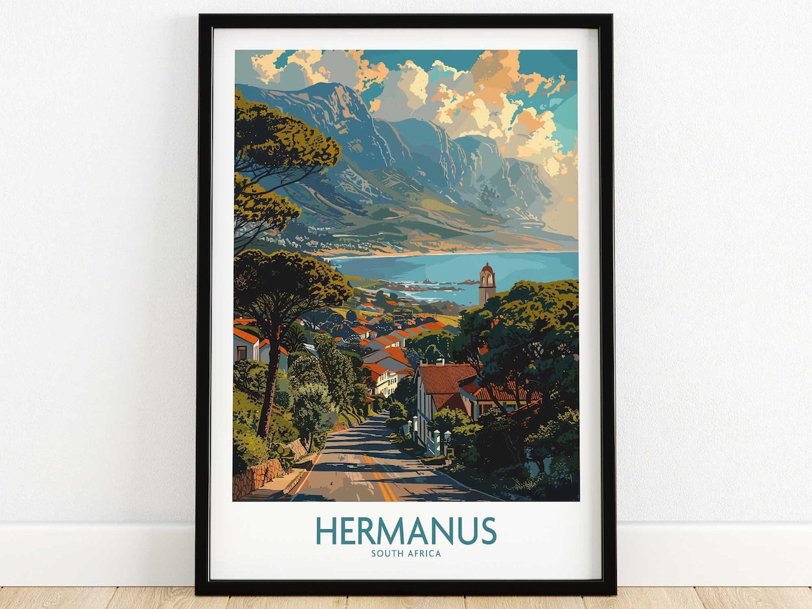 Hermanus South Africa Coastal Town Mountains Ocean Travel Poster