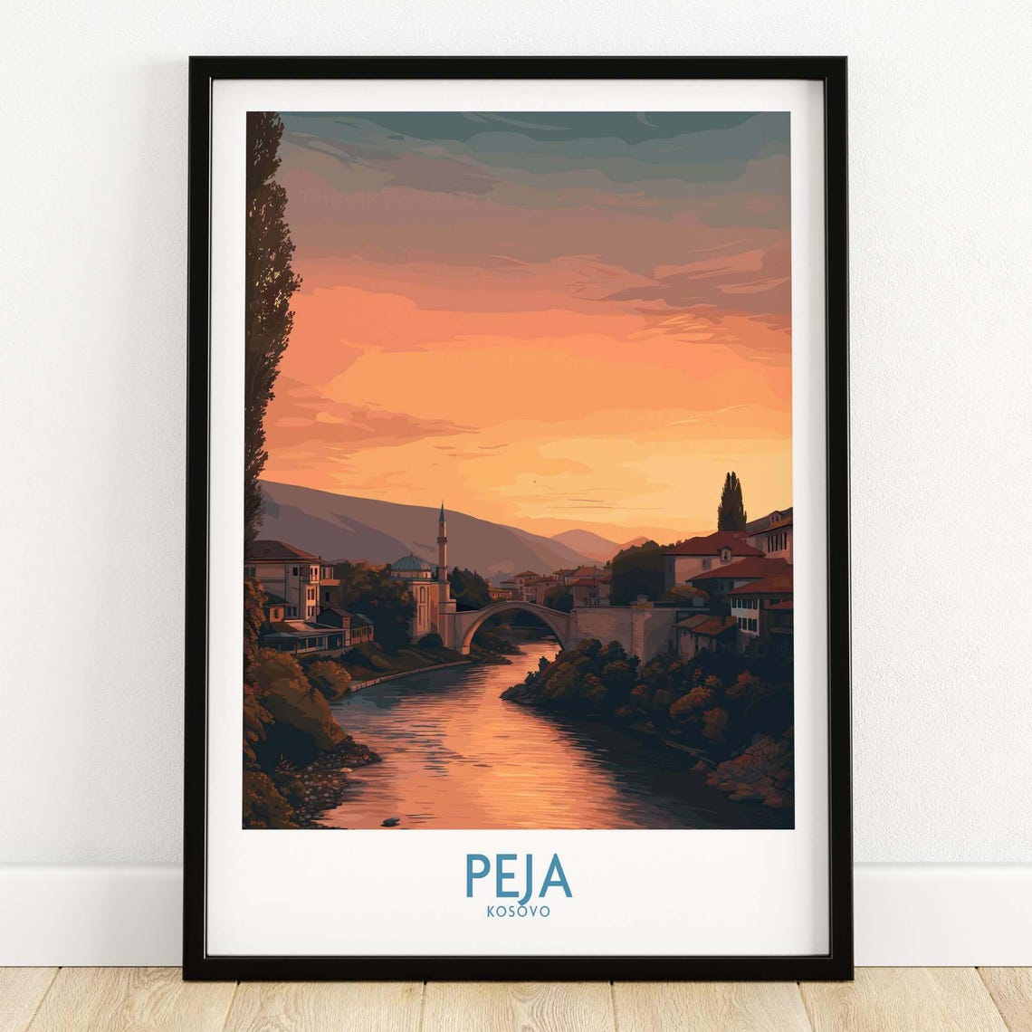 Peja Kosovo River Sunset Bridge Twilight Travel Art Decor Poster