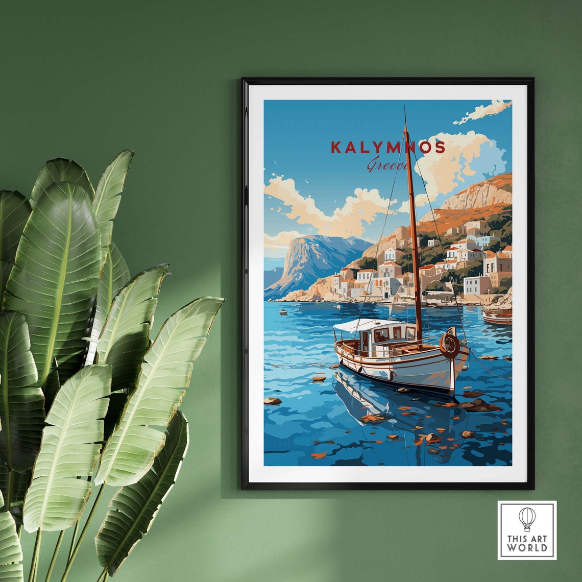 Kalymnos Greece Sunny Harbor Wooden Boat Rocky Cliff Town View Poster - Image 2