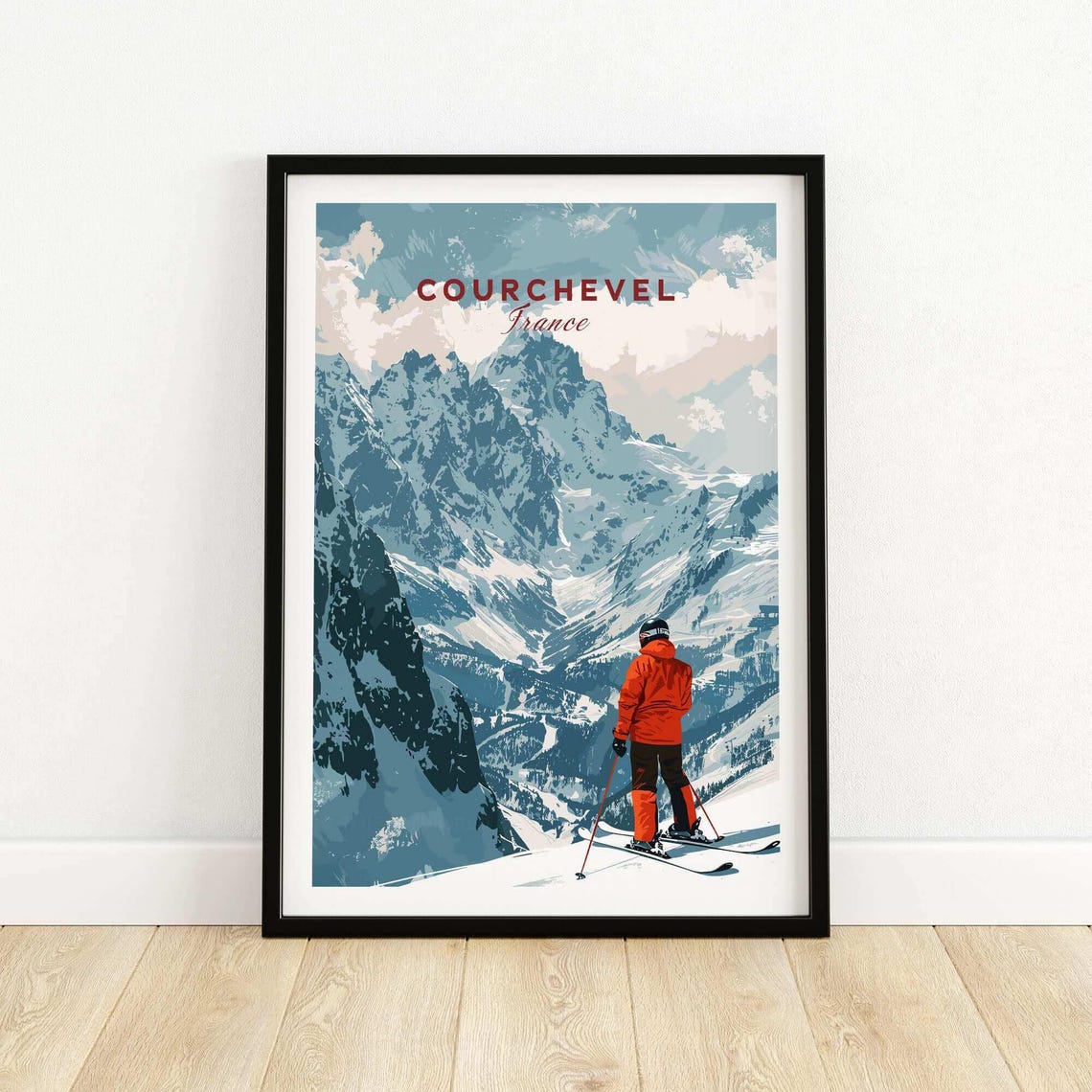 Courchevel France Ski Poster Skier in Red Overlooking Alpine Peaks