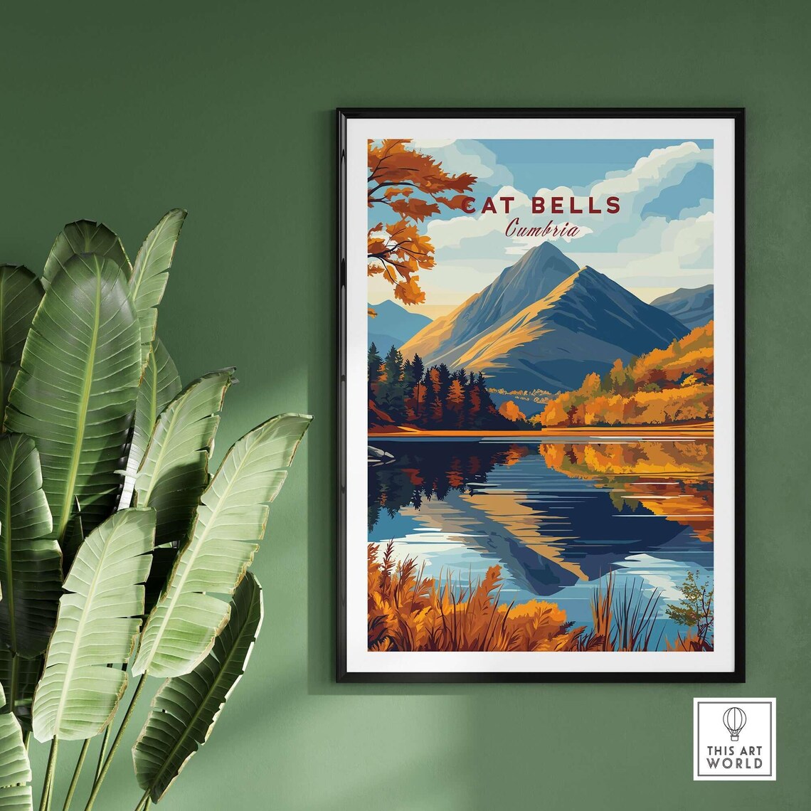 Cat Bells Cumbria Autumn Foliage Mountain Lake Reflection Travel Poster - Image 2