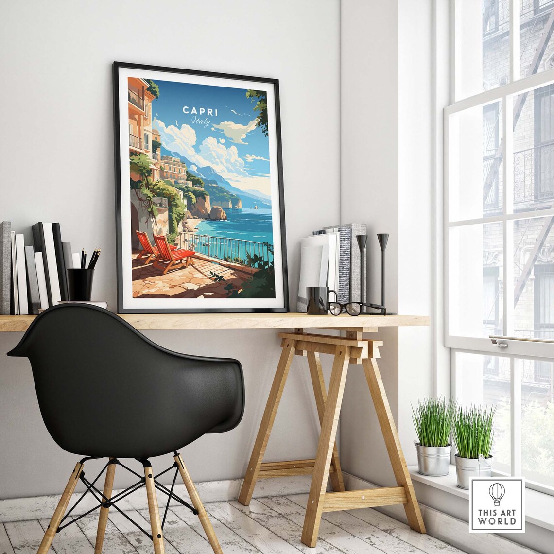 Capri Italy Seaside Terrace Red Lounge Chairs Cliff View Art Poster - Image 4