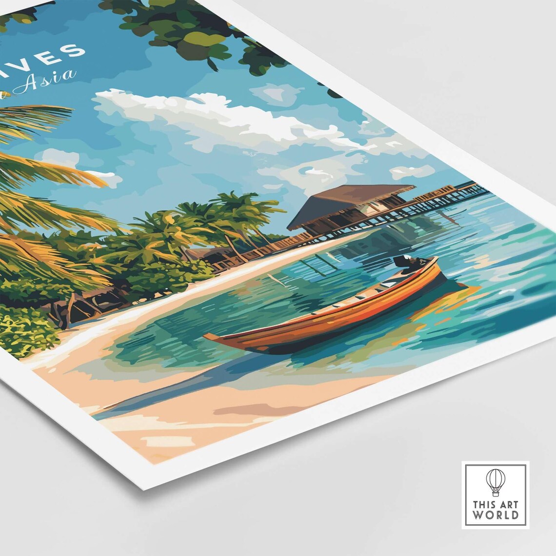 Maldives South Asia Palm Beach Wooden Boat Vintage Travel Poster - Image 4