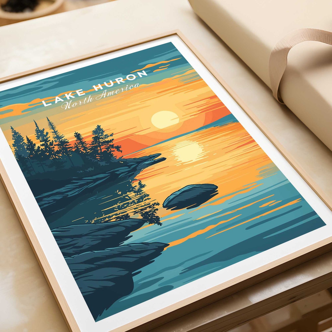 Lake Huron North America Orange Sunset Rocky Shore Travel Poster