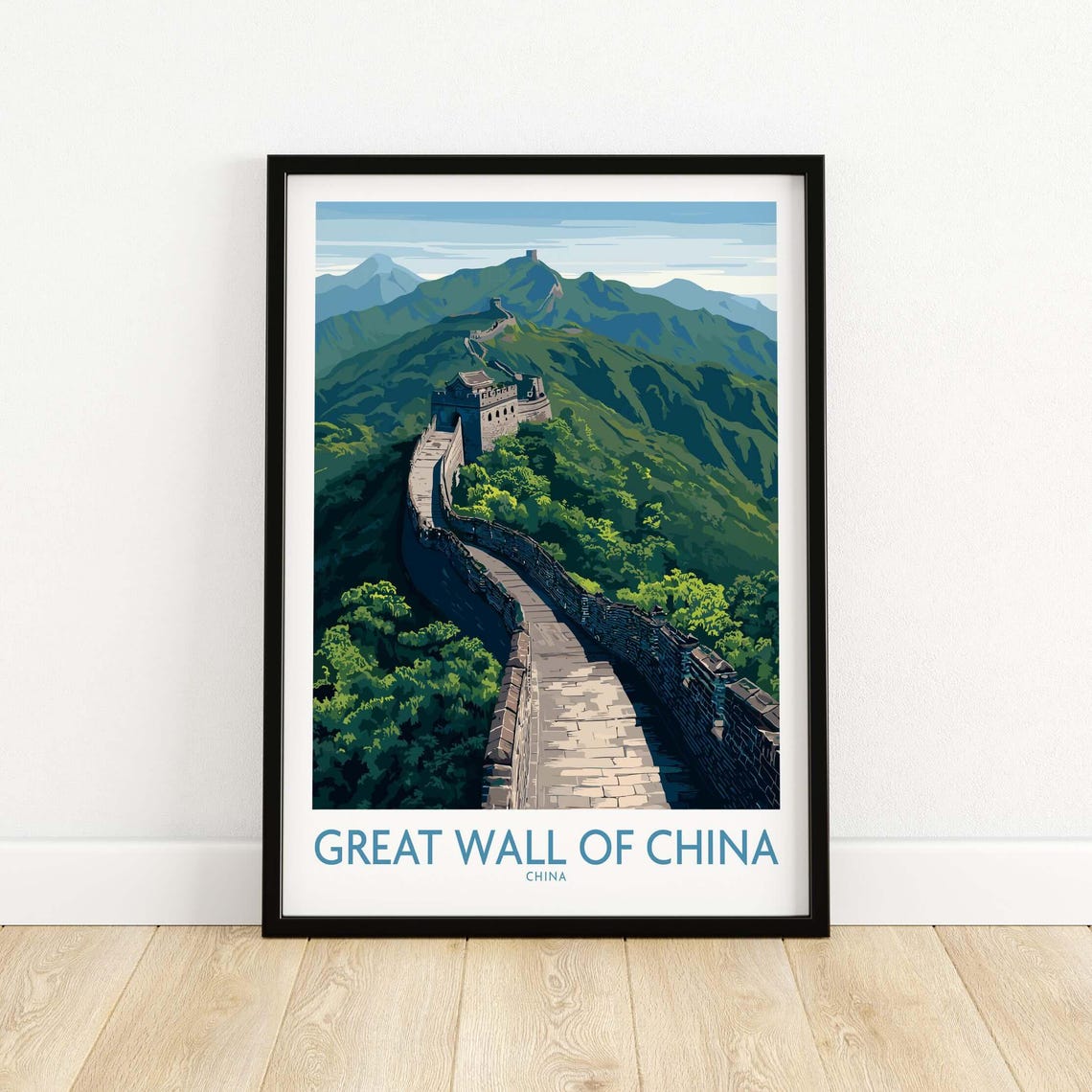 Great Wall of China Forest Poster with Stone Path Through Green Canopy