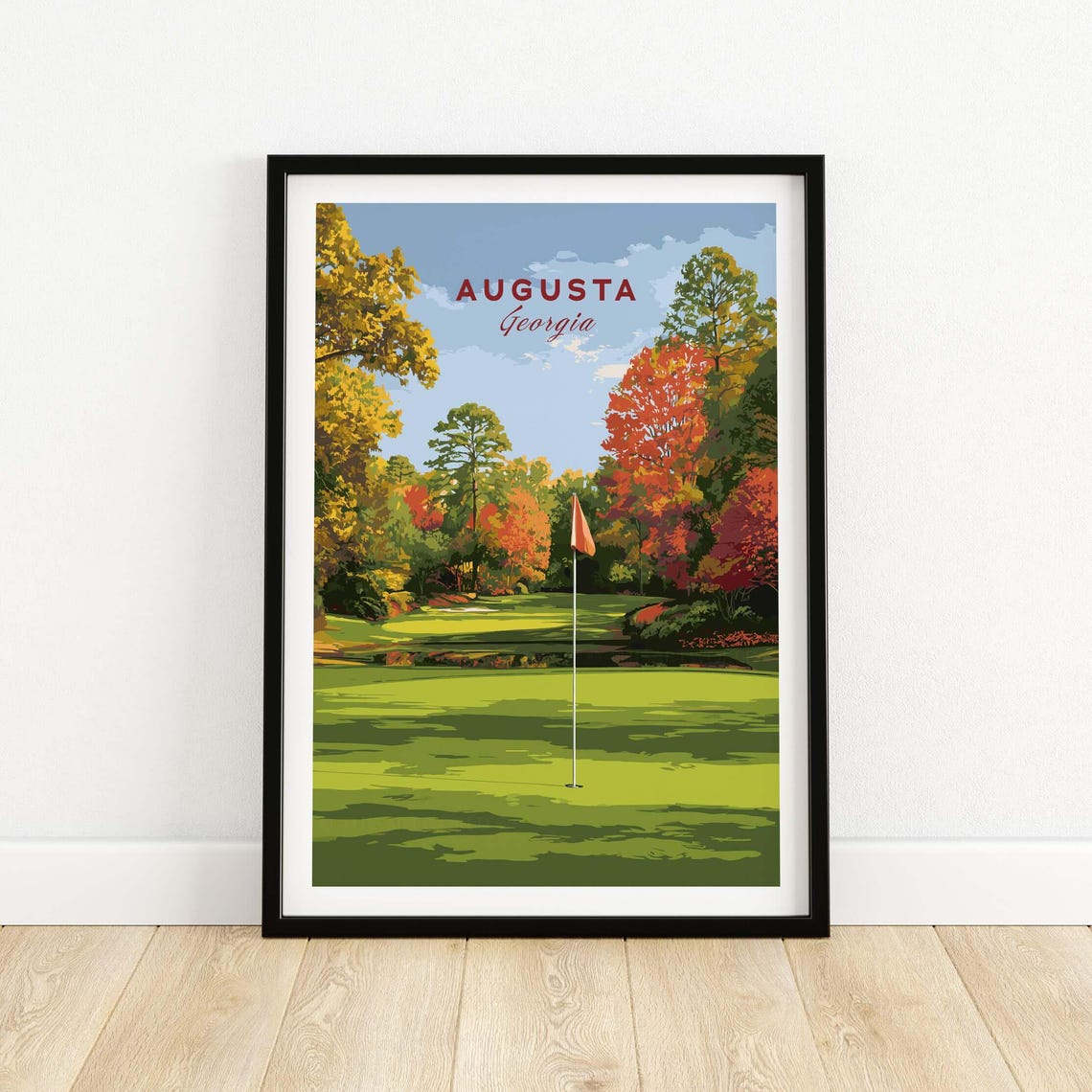 Augusta Georgia Golf Course Autumn Trees Green Flagstick Sports Poster
