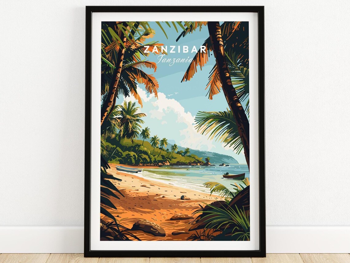 Zanzibar Tanzania Palm Beach Fishing Boats Vintage Art Poster