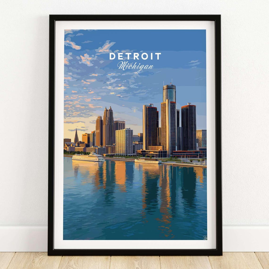 Detroit Michigan Sunset Skyline Riverfront Vintage Travel Poster