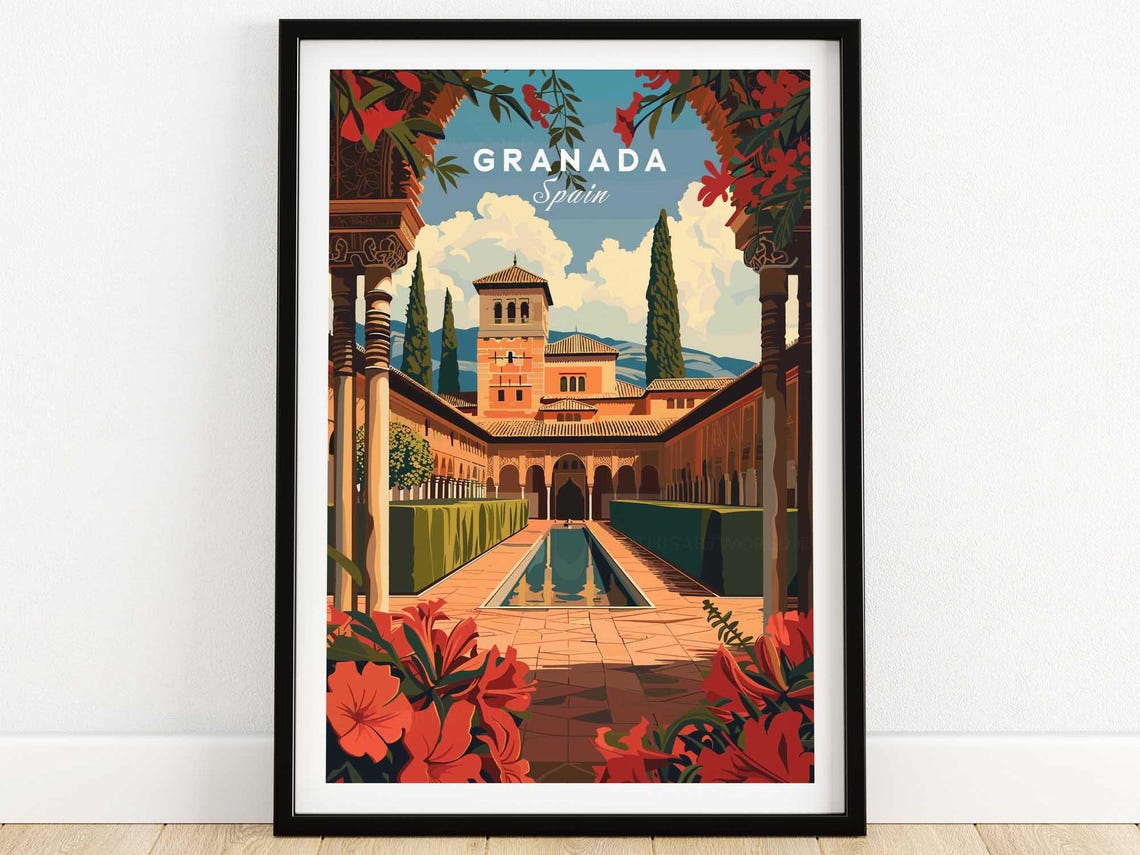 Granada Spain Moorish Courtyard Palace Garden Flowers Art Poster
