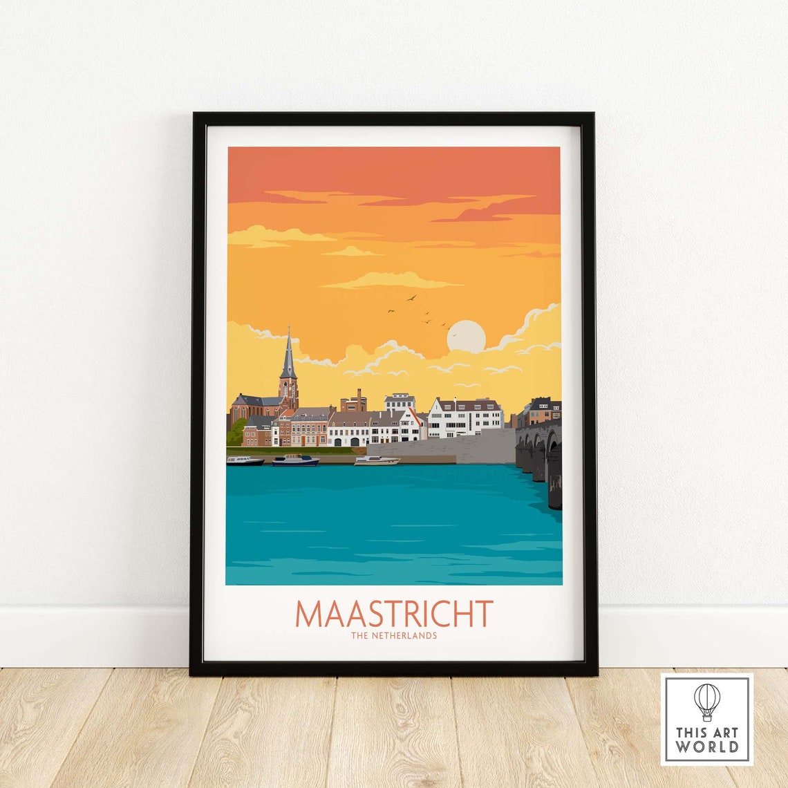 Maastricht Netherlands Riverfront Sunset Vintage Travel Poster Art