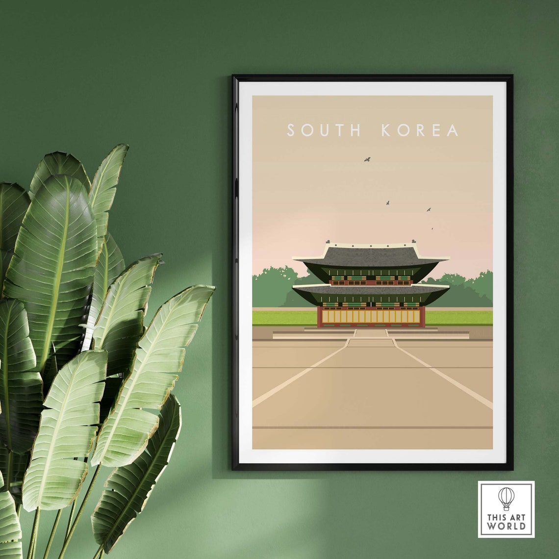 South Korea Traditional Palace Gate Minimal Pink Sky Art Poster - Image 2