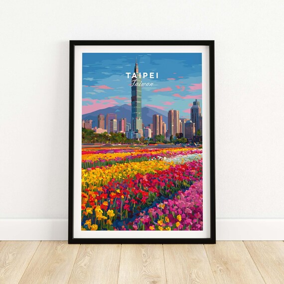 Taipei 101 Taiwan Skyline Rising Above Flower Fields Sunset Poster