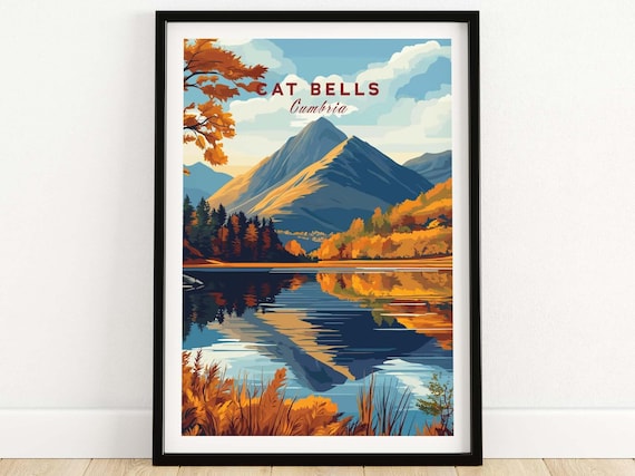 Cat Bells Cumbria Autumn Foliage Mountain Lake Reflection Travel Poster