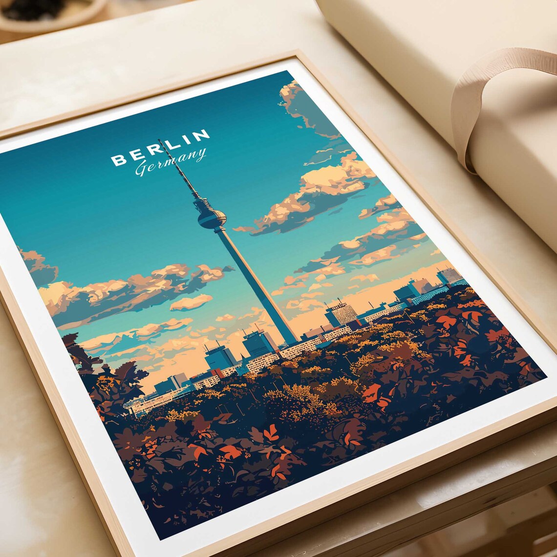 Berlin Germany TV Tower Sunset City Panorama Vintage Travel Poster