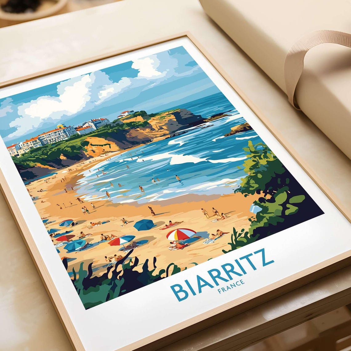 Biarritz France Beach Umbrellas Surfers Atlantic Coast Travel Poster
